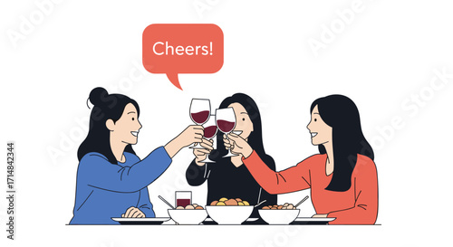 Three friends clinking glasses of red wine during a celebratory meal.