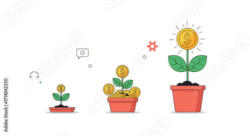Visualizing the growth of money through plants in pots representing investment and financial development.