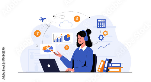 Accounting professional analyzing financial data and charts on a laptop in an office setting.