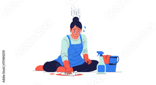 A person feeling overwhelmed and exhausted while trying to clean a messy floor with cleaning supplies nearby.