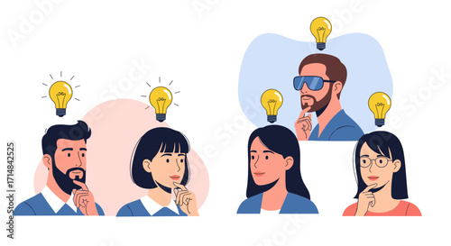 Diverse groups of people brainstorming ideas and having moments of inspiration.