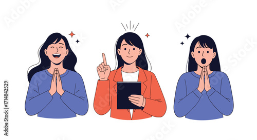 Three expressive women with different positive emotions demonstrating happiness surprise and an idea.