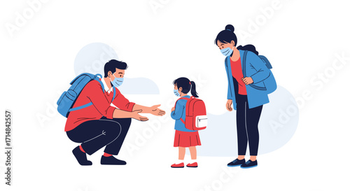 Parents wearing face masks help their child get ready for school with backpacks.
