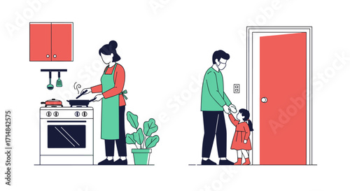 A family is shown in two separate scenes depicting daily life activities indoors.