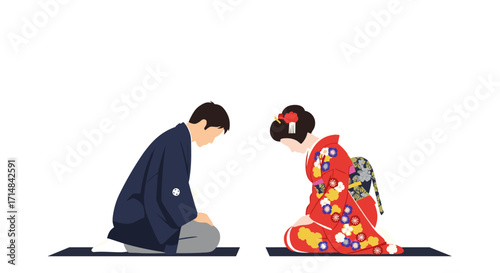 Two people in traditional Japanese clothing bowing to each other.
