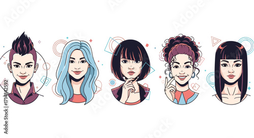 A diverse group of young people with unique hairstyles and expressive faces.