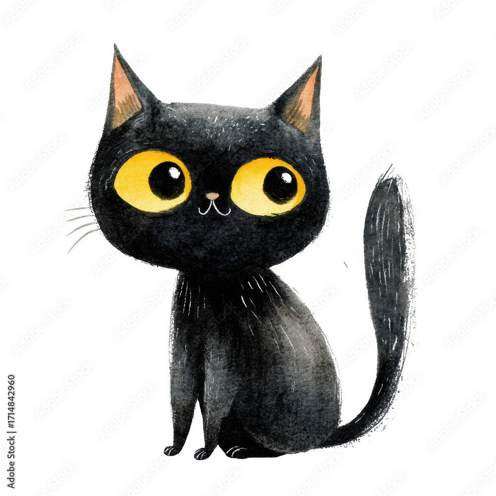 Fototapeta premium Hand painted Cute black cat with large yellow eyes in a playful pose for designs, isolated on transparent cutout background