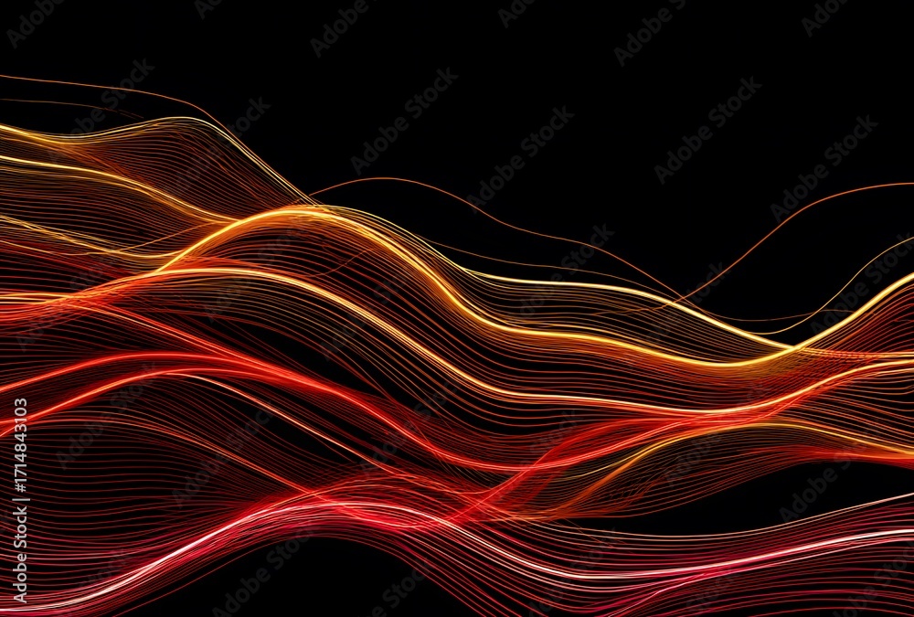 Obraz premium Abstract Red, Orange, and Yellow Light Waves on Black Background for Energy, Tech, or Digital Design Use 