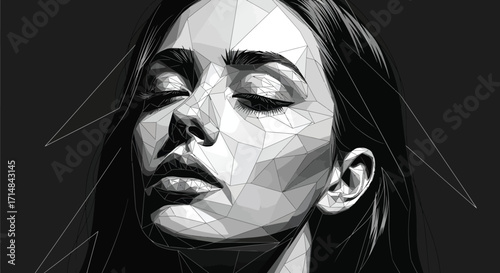 A digital painting of a woman with closed eyes in black and white with geometric shapes and sharp lines art style