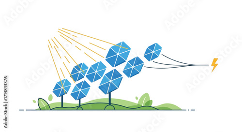 Illustration of solar panels generating electricity with sun rays and green grass in a flat design