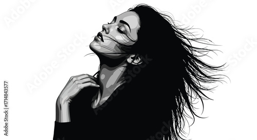 A woman with long dark hair blowing in the wind against a white background in a black and white image style