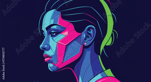 A digitally painted portrait of a woman with vibrant colors and geometric shapes against a dark background