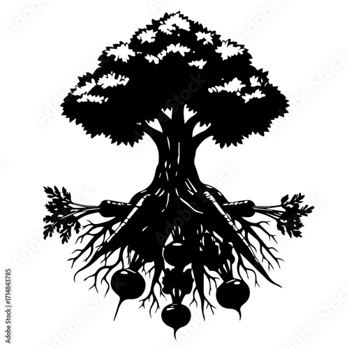 Silhouette of a Tree with Roots and Harvested Vegetables