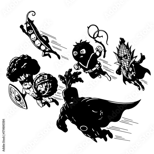 Superhero Vegetables: Dynamic Black and White Cartoon Characters in Flight