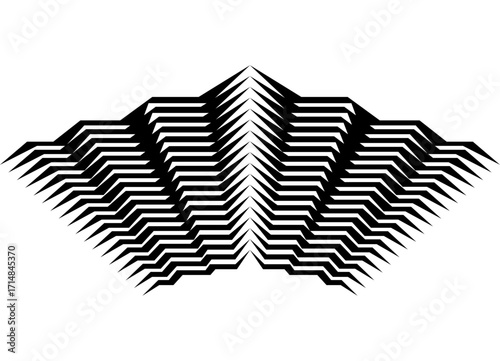 Symmetrical Vector pattern of sharp black lines on a white background. Striped vector background. Design element for covers, advertising, packaging.