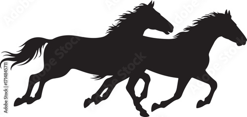 Two black horse silhouettes running side by side horses