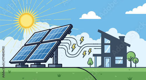 Illustration of solar panels providing energy to a house under a bright sun and cloudy blue sky day