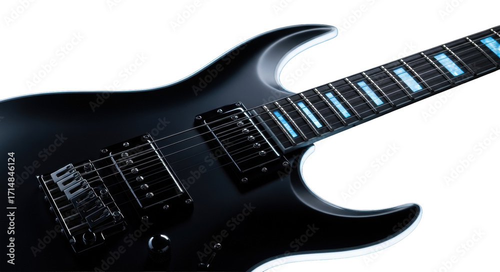 Obraz premium A sleek, dark electric guitar with glowing blue inlays and chrome pickups, bathed in luminous blue-white rim light against a pure black background, highlighting curves and detail, concept of musical