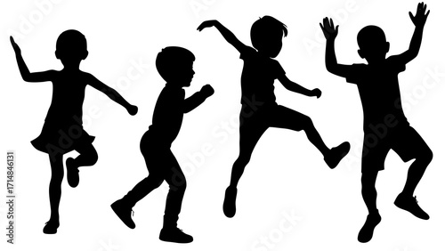 Children silhouettes jumping and playing with energy and excitement together