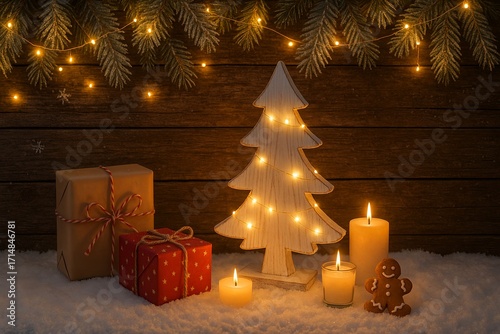 Cozy Christmas scene with gifts, tree, candles, and warm holiday vibes