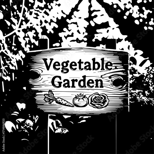 Wooden Vegetable Garden Sign with Engraved Vegetables and Text