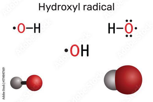 Hydroxyl radical molecule. Reactive oxygen species (ROS). Chemical structure and models. Vector illustration