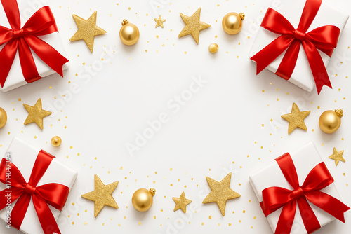 Elegant holiday gifts with gold stars and ornaments for festive celebration