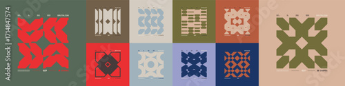 Kit of Postmodern geometric compositions with abstract shapes in brutalism aesthetics, mosaic of brutal figures, trendy color retro futuristic elements, vector modernist ornament, cards art 17
