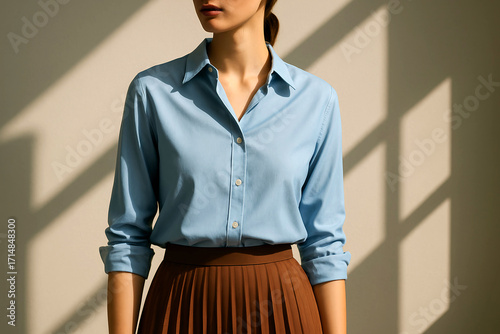 Professional woman in blue shirt ready for business meeting