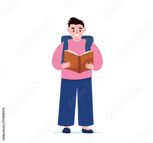 A student with a schoolbag on his back reads. The boy holds a book, standing at full height. Vector flat graphics.
