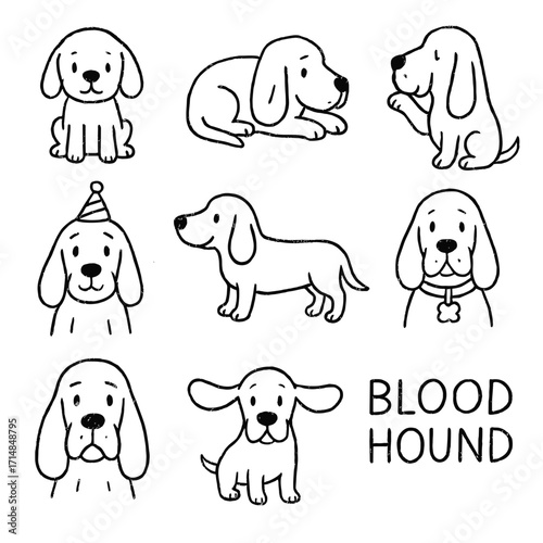 Cute bloodhound dog illustrations in playful poses and expressions  