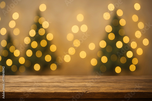 Celebrate Christmas with warm glowing lights and wood surface