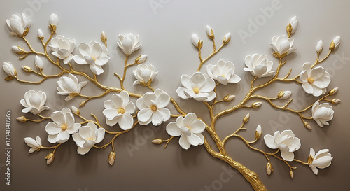 Magnolia Blossom Abstract Golden Mural