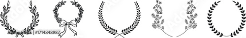Laurel wreath collection vector set. Classic Roman Greek victory laurel branches, black olive leaf garlands, award emblem elements, elegant prestige heraldic symbol bundle for logo badge label design