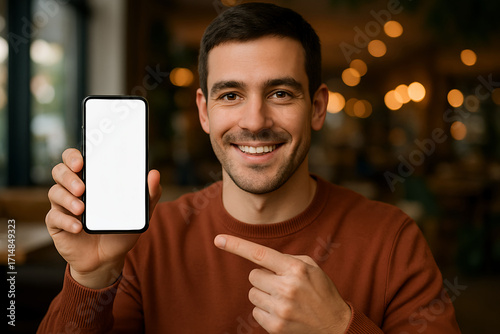 Smiling man pointing at smartphone screen in cozy restaurant