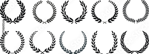 Laurel wreath collection vector set. Classic Roman Greek victory laurel branches, black olive leaf garlands, award emblem elements, elegant prestige heraldic symbol bundle for logo badge label design