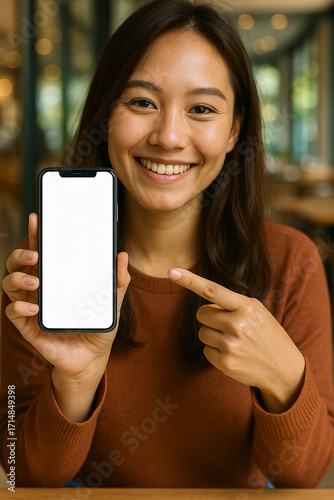 Smiling woman presenting new mobile app on blank smartphone