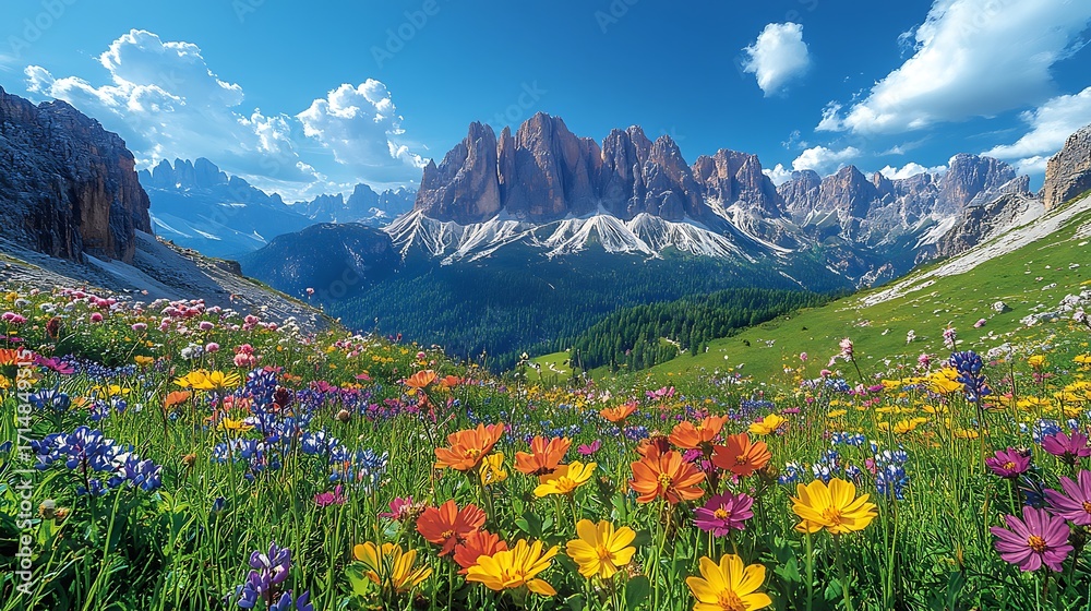 Fototapeta premium Colorful alpine meadow with mountains