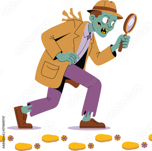 Cartoon zombie detective examining footprints with magnifying glass