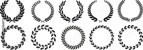 Laurel wreath collection vector set. Classic Roman Greek victory laurel branches, black olive leaf garlands, award emblem elements, elegant prestige heraldic symbol bundle for logo badge label design