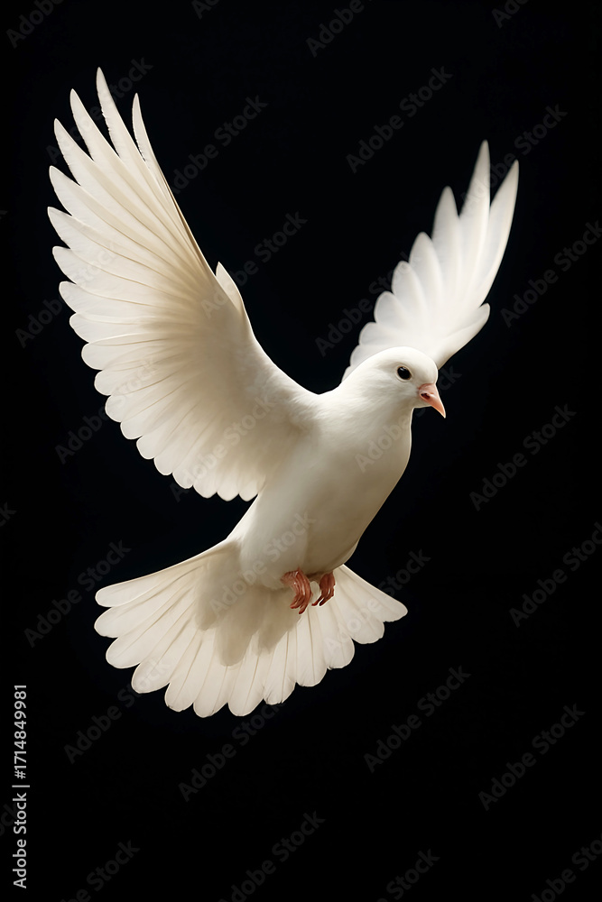 Obraz premium Elegant white dove soaring gracefully against black backdrop