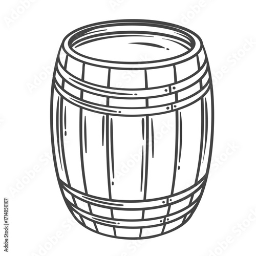 Classic wooden wine barrel with curved staves and metal hoops in doodle engraving style. Outline vector illustration for vineyard decor, cellar design, or alcohol packaging.