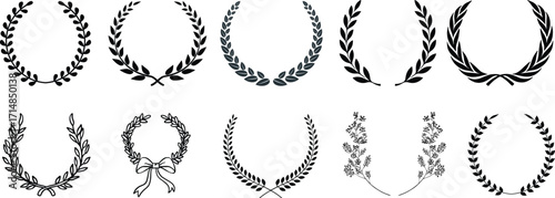 Laurel wreath collection vector set. Classic Roman Greek victory laurel branches, black olive leaf garlands, award emblem elements, elegant prestige heraldic symbol bundle for logo badge label design