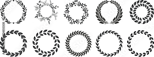 Laurel wreath collection vector set. Classic Roman Greek victory laurel branches, black olive leaf garlands, award emblem elements, elegant prestige heraldic symbol bundle for logo badge label design