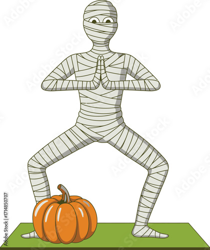 Mummy doing yoga pose with pumpkin on green mat halloween