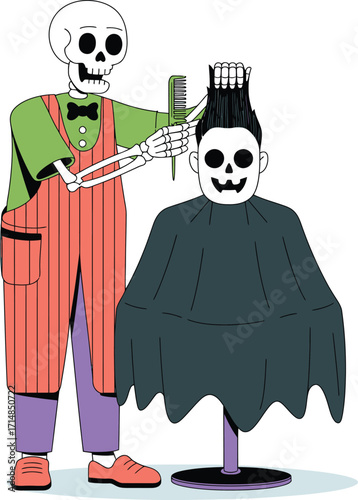 Skeleton barber cutting hair of skeleton client comb