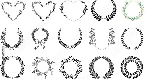 Laurel wreath collection vector set. Classic Roman Greek victory laurel branches, black olive leaf garlands, award emblem elements, elegant prestige heraldic symbol bundle for logo badge label design