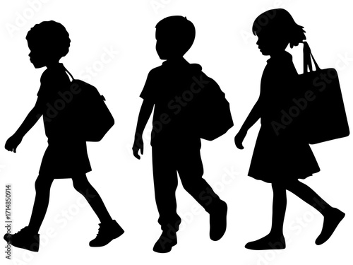Children silhouettes walking to school with backpacks and a tote bag illustration