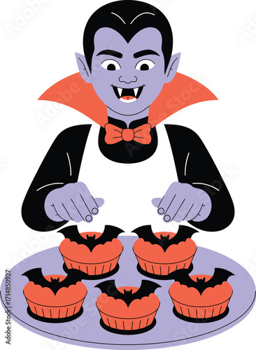 Vampire character preparing Halloween cupcakes with bat toppers