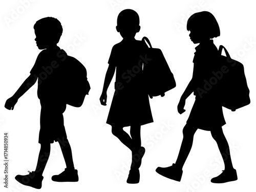 Silhouettes of children walking to school with backpacks on a white background